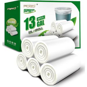 FORID 13 Gallon Trash Bags - Clear Plastic Garbage Bag Unscented Tall Medium Can Liners for Kitchen Office Home Waste Basket 5 Roll 55 Liters 80 Counts
