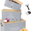 Kitchen Vegetable Storage Set of 3, Metal Onion Garlic Potato Storage Set, Kitchen Canisters Vegetable Keeper Containers with Aerating Holes and Wooden Lid (Grey)