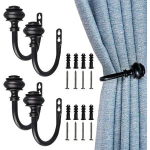 4Pcs Curtain Holdbacks - Wall Mounted Drapery Tiebacks with Screws, Decorative Curtain Holders for Bedroom Livingroom Office Home, Black