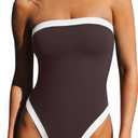 LASLULU Womens Sexy One Piece Swimsuit Strapless Padded Square Neck Bandeau Bathing Suits with Adjustable Spaghetti Straps (Medium, Coffee)