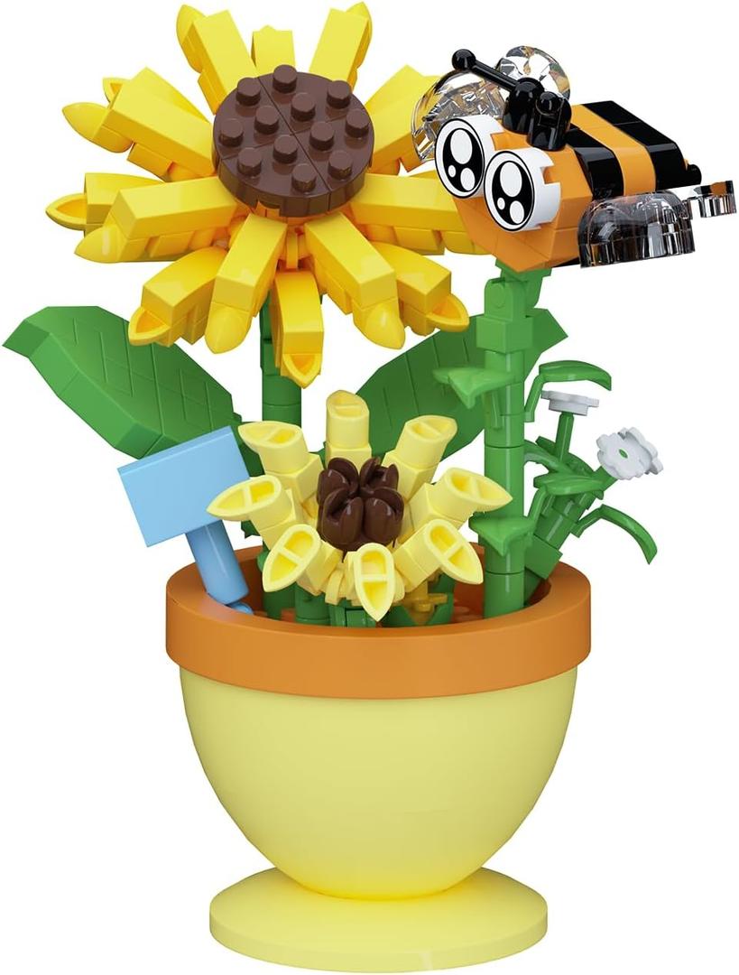 Mini Flower Bonsai with Cute Insects Sunflower bee - DIY Potted Plant Building Blocks for Kids and Adults, Botanical Collection Decor Toy