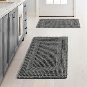 MIULEE Set of 2 Waffle Bathroom Rugs, Boho Bath Rug Super Absorbent, Non Slip Washable Ultra Soft Rubber Backed Shower Bath Mats for Floor, Tub, Shower, Looped Design, Dark Grey, 17x24 Inch