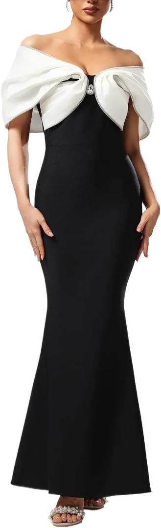 Off Shoulder Sleeveless Diamond Fish Tail Bandage Maxi Dress Bridal Banquet Haute Gown
(Black, S)