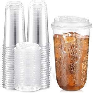 Baderke 50 Sets 20 oz Clear Plastic Cups with Lids,Sturdy Iced Coffee Cups with lids, Disposable Plastic Smoothie Cup for Cold Drinks (EXP 12/11/26)