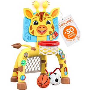 Move2Play, Giraffe Basketball Hoop & Soccer Goal Activity Center | 30+ Sounds & Songs + 5 Lights | 1 2 3 Year Old Birthday Gift for Boys and Girls | Toy for Baby & Toddlers (Yellow)