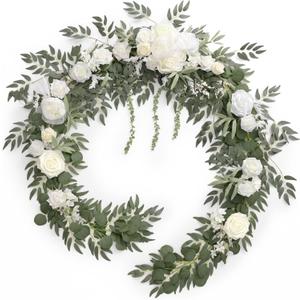 Ling's moment 9FT Spring Flower Garland for Backdrop Decorations - Wedding Arch Flowers, Eucalyptus & Rose, Artificial Floral Garland for Mantel - Sweetheart Table Decor for Reception, White & Sage