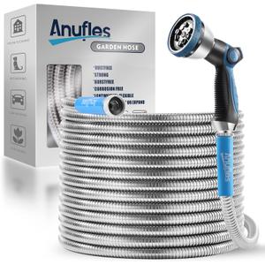 Metal Garden Hose 50FT - Upgraded Kink Free and Rust Resistant Design, Stainless Steel Garden Hose With Solid Fitting and 10-Function Nozzle, Durable and Lightweight Outdoor Hose, Easy To Store (Blue)