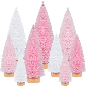 Leyndo 9 Pcs Pink Color Mini Sisal Bottle Brush Trees Small Artificial Christmas Tree with Wood Base Christmas Pine Decor for Home Table Holiday Party Decor