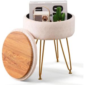 Cpintltr Footrest Footstools Round Velvet Ottoman with Storage Space Soft Vanity Chair with Memory Foam Seat Small Side Table Hallway Step Stool 4 Gold Metal Legs with Adjustable Footings Champagne