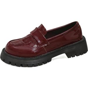 Women's Fashion Printed Patent Leather Platform Loafers Comfortable Slip-On Lug Sole Chunky Heel Penny Shoes Casual Dressy Business Work Shoes (Red,11)
