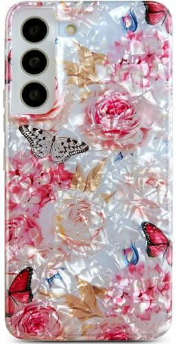 Qokey for Galaxy S22 5G Case 6.1",Cute Crystal Clear Floral Shell Pattern Design for Girls Women, Soft Bumper Anti-Scratch Shockproof Cover for Galaxy S22 5G, Rose Flower Butterfly