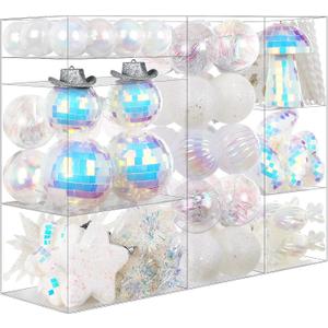 SHareconn 103ct Christmas Tree Balls Ornaments, Disco iridescent sequin gift box, Shatterproof Plastic Decorative Baubles for Xmas Tree Decor Holiday Wedding Party Decoration with Hanging Hooks, White