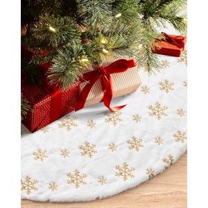 COOLWUFAN 36 Inches Faux Fur Christmas Tree Skirt for Xmas Tree Holiday Party Decoration White Plush Gold Sequin Snowflake (Gold)