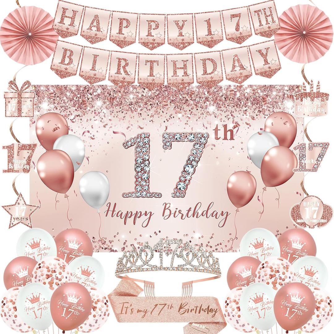Trgowaul 17th Birthday Decorations for Girls, 30pcs Rose Gold Happy Birthday Party Supplies, 17th Crown and Sash, Banner, Hanging Swirl Flag, Balloons, 17 Year Old Party Decoration Set