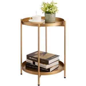 HollyHOME 2-Tier Round Gold Side Table, Outdoor Small Folding Accent Stand with Removable Tray, Anti-Rust Metal Asional Table for Balcony Patio Living Room, Nightstand for Bedroom(Gold)