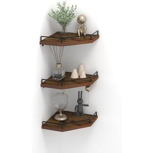 Trwcrt Corner Shelf Wall Mounted Set of 3, Floating Wall Shelves Rustic Wooden Storage Shelves for Bedroom, Bathroom, Living Room, Brown (Diamond Style)