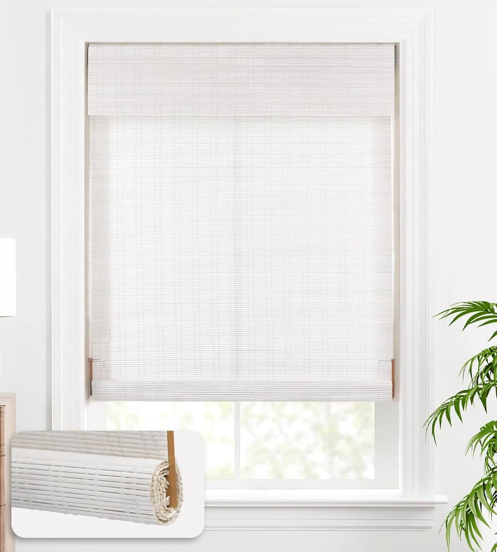 LazBlinds Cordless Bamboo Blinds, Bamboo Roll Up Shades for Windows, Light Filtering Wood Window Blinds for Indoor Home- Size: 38" W x 72'' H, Ceylon Vintage White