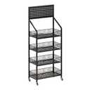 4 Tier Supermaket Snack Rack Display Stand, Free-Standing Black Retail Display Shelves with 12 Hooks & 4 Wheels, Large Metal Snack Shelf for Store Business
