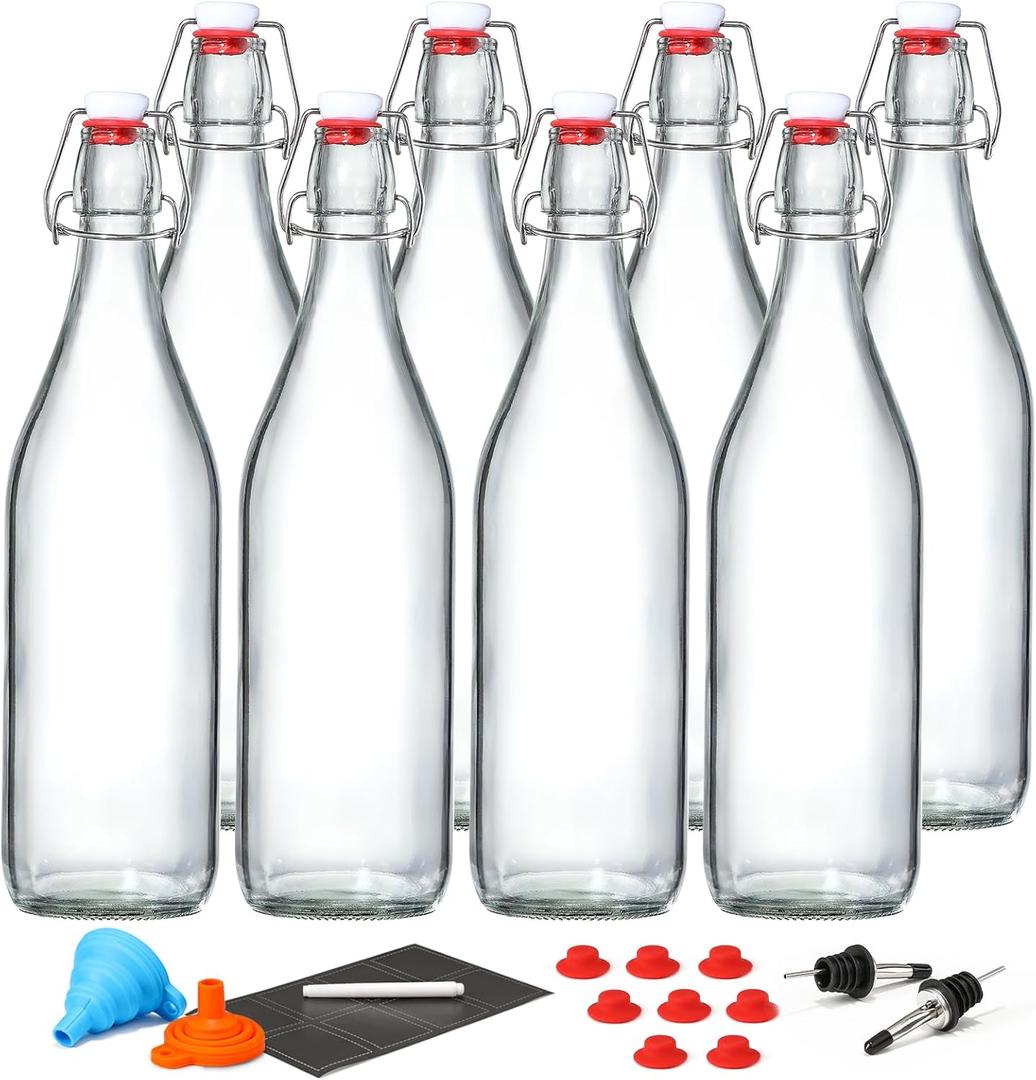 8 Pack [1 L / 33 fl. oz.] Swing Top Glass Bottles w/ Airtight Stopper Lids  Flip Top Brewing Bottle for Fermentation, Kombucha, Mead, Vinegar, Beer, Kefir, Wine, Soda  With 8 Extra Seals & 2 Pourers