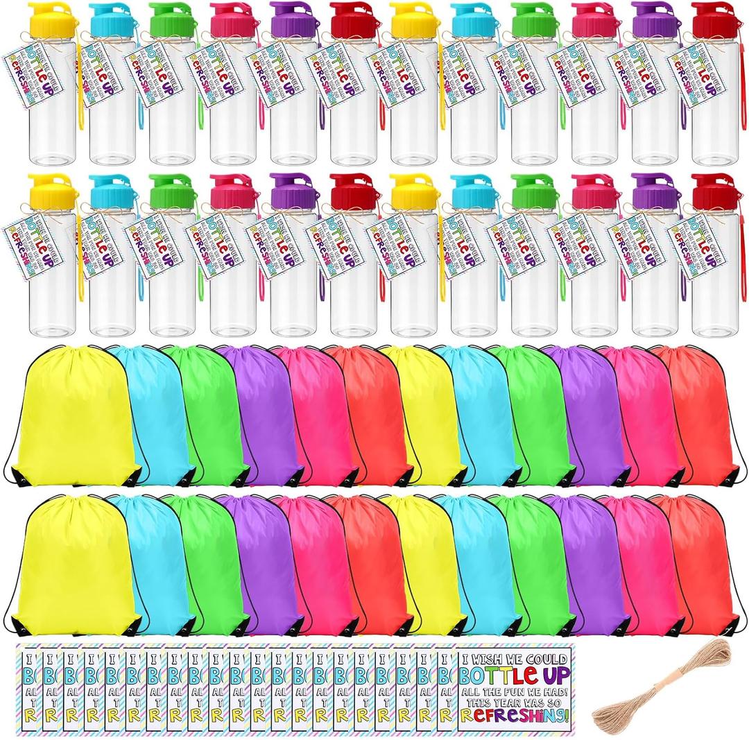 Domensi 48 Pcs End of Year Gifts Water Bottles Bulk and Drawstring Backpack Set with Cards 17oz Plastic Leakproof Drink Bottle Reusable for Summer Graduation Party Favors(Pastels,Slim Flip-top)
