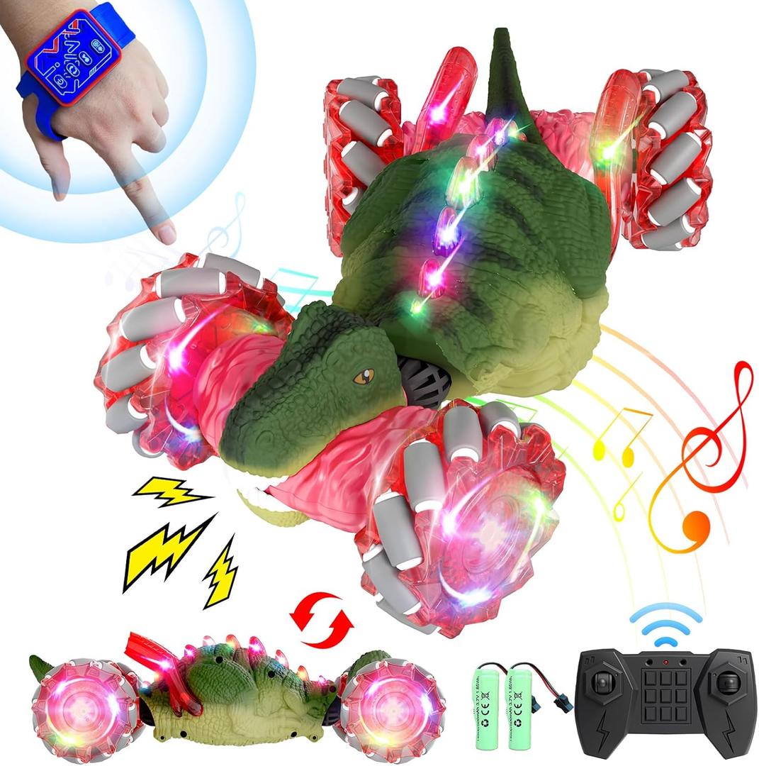 Dinosaur Remote Control Car, 2.4Ghz 4WD RC Cars with Dinosaur Sounds & Light Music, Gravity Gesture Sensing Remote Control Monster Truck Kids Toys, RC Stunt Twist Car Toys for Ages 4 5 6 7 8-13yr