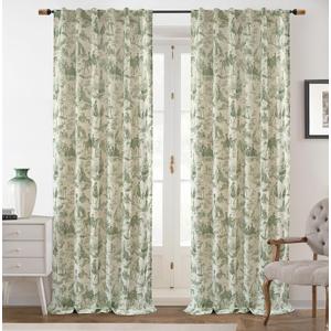 DriftAway 100% Blackout Toile Linen Curtains for Bedroom Double Layer Farmhouse French Country Vintage Printed Pattern Thermal Sound Lined Back Tab Living Room Drapes 90 inch Long 2 Panels Loden Green