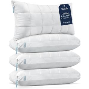 Nuzzle King Size Pillows Set of 4 Adjustable Firm Pillows, Luxury Hotel Collection Bed Pillows Best Adjust Height Soft Cooling Pillows for Back, Stomach and Side Sleepers