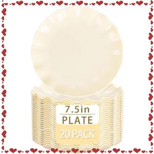 LIYH 20 Pcs Beige Plastic Plates Reusable 7.5 Inch - Unbreakable Plastic Dessert Plates - Scalloped Cake Plate for Weddings Camping Party Outdoor Picnics Dishwasher Safe BPA Free