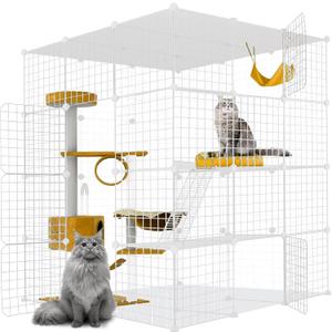 Large Cat Cage,Cat Cage Enclosure Indoor DIY Cat Playpen Detachable Metal Wire Kennels Crate Large Exercise Place Ideal, for 1-4 Cats,Ferret, Chinchilla, Rabbit, Small Animals (White-43x43x57)