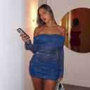 Womens Sexy Off Shoulder Bodycon Mini Dress Mesh Ruched Y2K Club Dresses | Flared Long Sleeve, Sexy Party Night Going Out Birthday Dresses, Sparkly, Stretchy (Blue)