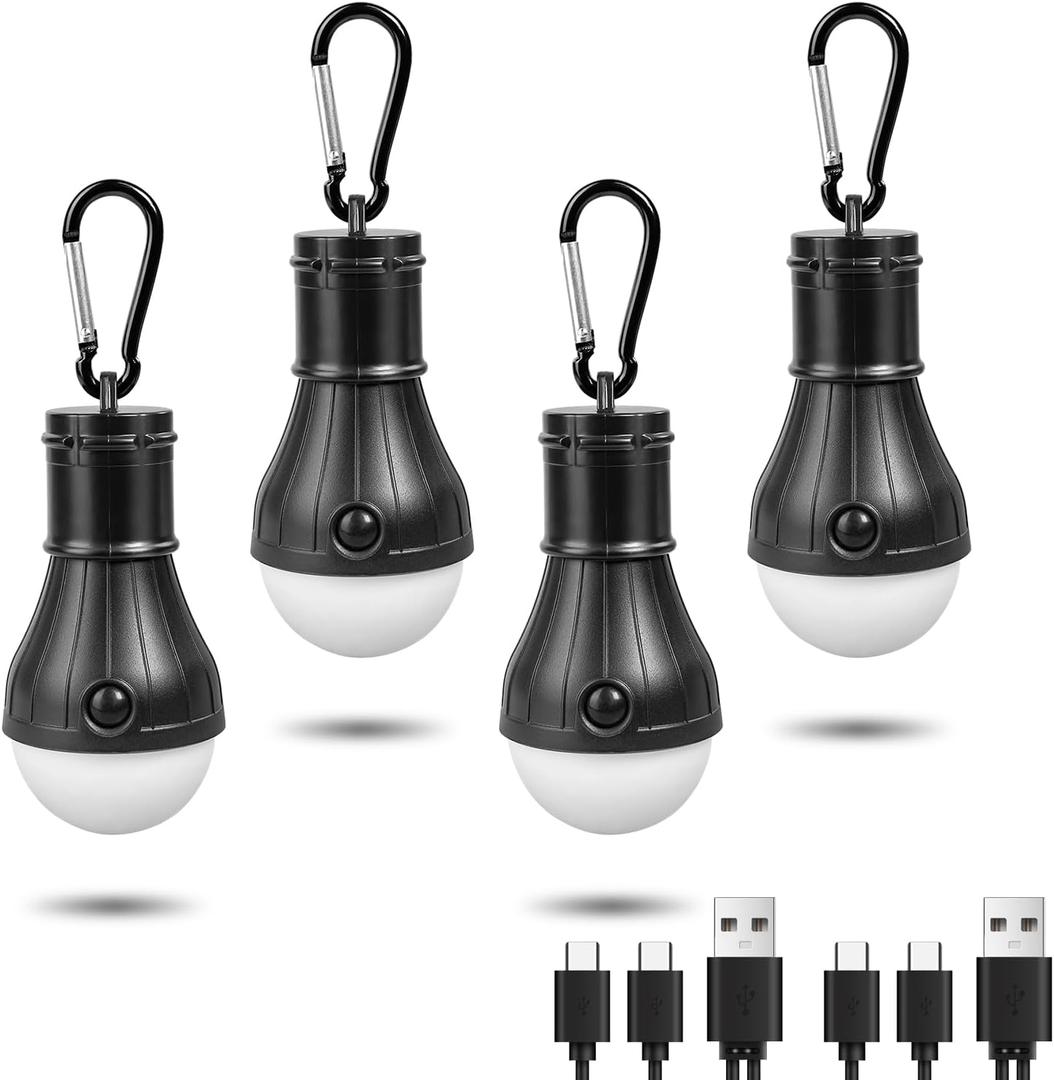 Led Camping Lantern USB Rechargeable, Outdoor Tent Lights for Camping Hanging, Kids with Clip Hook Camping Flashlight (4 Packs, Black)