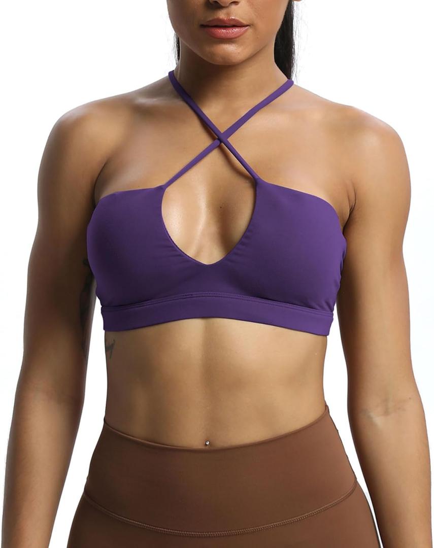 Aoxjox Women's Workout Sports Bras Jamie Deep V Fitness Training Gym Bra Yoga Crop Tank (Mulberry Purple)