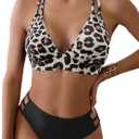 Fanuerg Women's Sexy V Neck Bikini Sets Hollow Out Two Piece Swimsuits Cutout Mid Waist Bathing Suit (Medium, Leo Black)