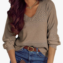 SHEWIN Women's Sweaters Casual Long Sleeve V Neck Lightweight Crochet Pullover Sweater Tops, XL