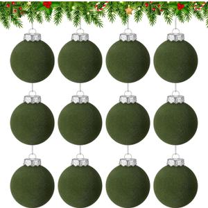 12 PCS Green Velvet Christmas Balls Ornaments - 2.4 Inch Flocked Hanging Balls for Xmas Decorative Party Wedding Family Gathering