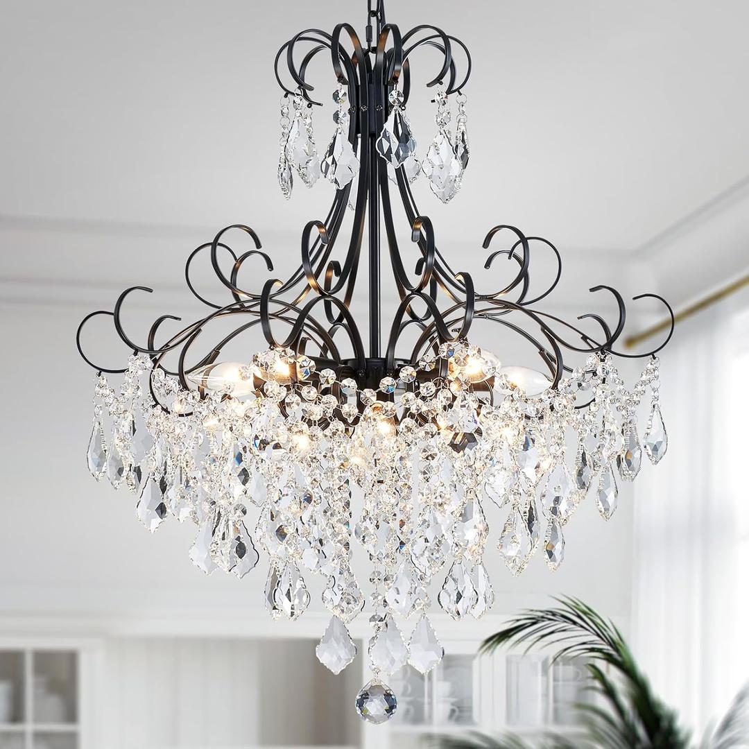 WUZUPS Crystal Chandelier 10-Light Pendant Ceiling Light Modern Lighting Fixture for Dining Room Hallway Bedroom Kitchen Bathroom, H 27.6" x W 22.8", E12 Base, Black