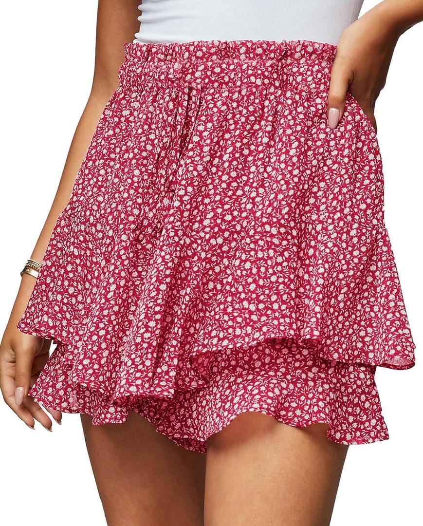 Women's Summer Floral Ruffle Hem Skirt Shorts Elastic High Waist Layered Tiered Boho Mini Skorts Skirts (XX-Large)
