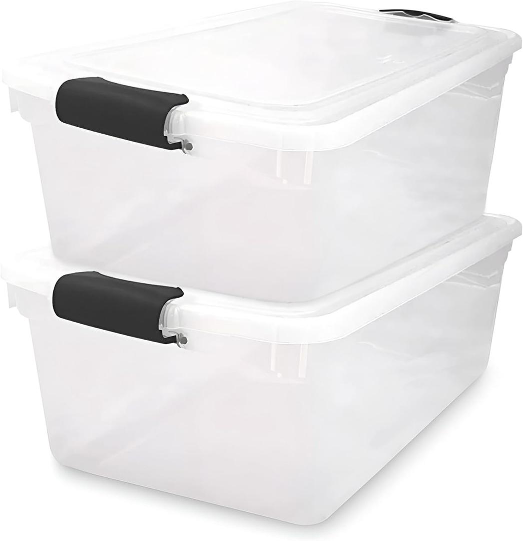 HOMZ 2-Pack Latching Lid, Large Clear Plastic Storage Bins with Lids, 64 Quart, Gray Latch