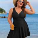 Charmo Women Plus Size Swimdress One Piece Swimsuit Ruched Tummy Control Bathing Suit Scalloped V Neck Flowy Swimwear (Black, XXL)