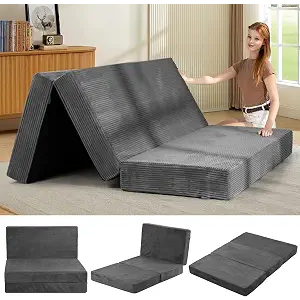 feliz home 6-Inch Tri-Folding Mattress Queen Size - Foldable Futon Sofa Bed with Removable Washable Cover, Folding Futon Mattress | Non-Slip Bottom & Carry Handles for Guest, Camping, Dorm