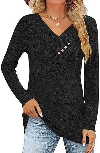 FMEYOA Women's Fall Long Sleeve Tunic Tops for Leggings V Neck Button Casual Blouse Sweatshirt, M