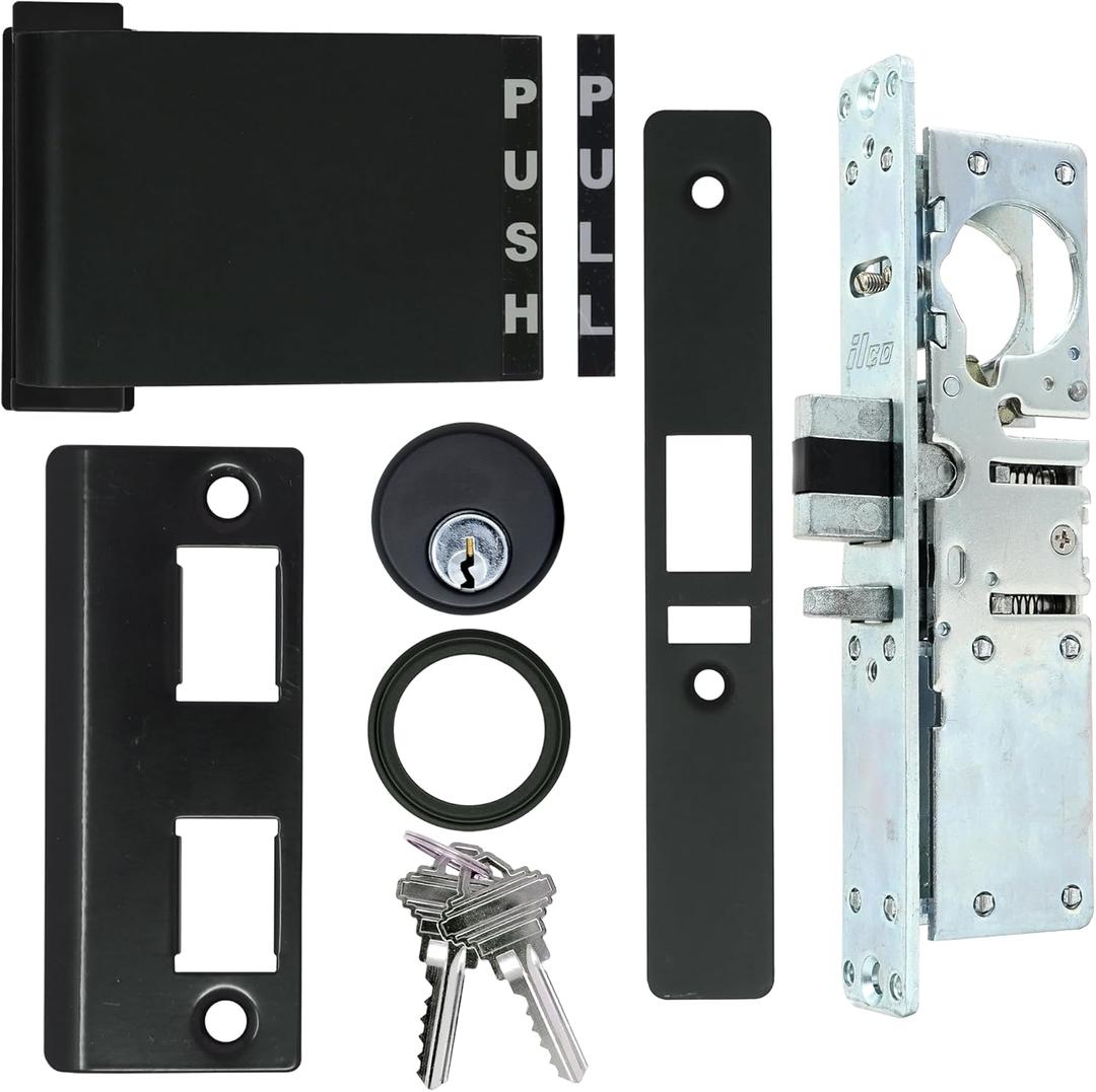 Storefront Door Mortise Deadlatch Lock & Exit Paddle Handle Kit w/Mortise Cylinder & Keys in Duronotic Finish (Push to Right) - High Grade Adams Rite Style Lock - Maxium Security (31/32" Backset)