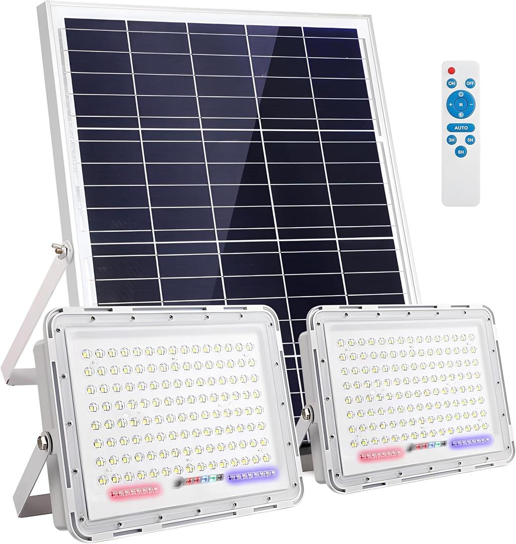 DuBom 100W-500W One for Two 6000K Solar High Bright Flood Light Outdoor Remote, IP67 Waterproof Solar Power Auto On/Off, Wide Range, Dusk to Dawn Yard, Gazebo, Shed, Barn, Porch, Patio, Garage (100W)