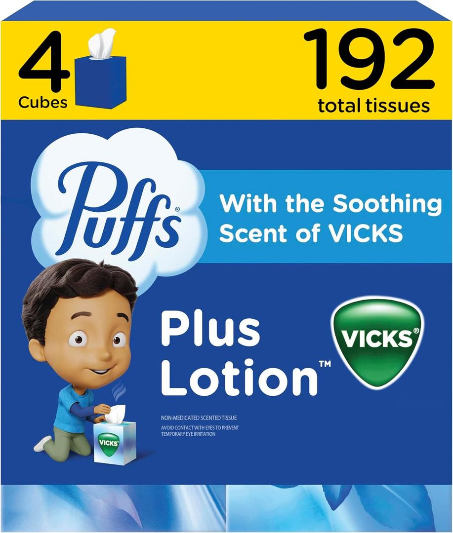 Puffs Plus Lotion with Vicks Facial Tissues, 4 Cubes, 48 Tissues per Box (192 Tissues) [Packaging May Vary]