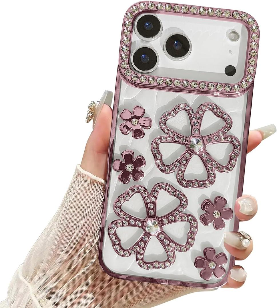 Compatible with iPhone 17 Pro Max Flower Case,Cute Glitter Bling 3D Diamond Flower with Luxury Rhinestone Floral Women Girls and Sparkly Shiny Slim Shockproof Case for iPhone 17 Pro Max -Pink