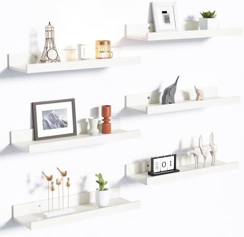 upsimples Floating Shelves for Wall, Wall Shelves for Decor Storage Set of 6, Wall Mounted Wood Shelf for Bedroom, Living Room, Bathroom, Kitchen, Picture Ledge Shelf, White