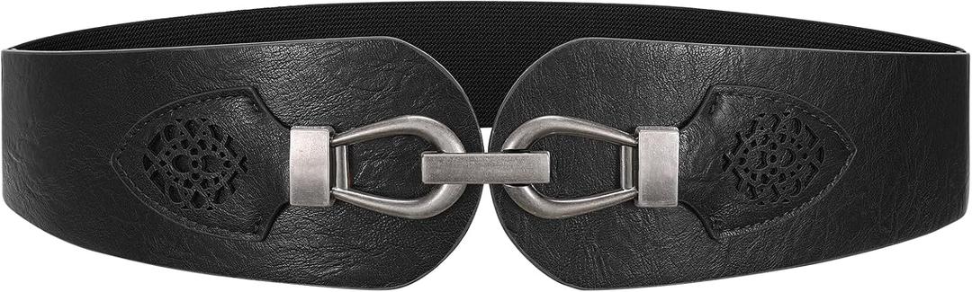 Womens Western Wide Waist Belt for Dress Vintage Stretchy Elastic Belt with Chunky Gold Buckle (Black), Size: Fits Waist 29"-33"