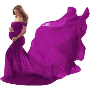 Women Maternity Dress for Photography Mermaid Off Shoulder Slim Fitted Chiffon Gown Flowy Baby Shower Maxi Photo Props Dress (One Size, Purple)