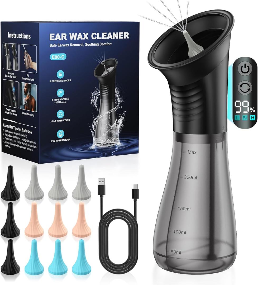 Ear Wax Removal with One-Piece Waste Tank, Powered Ear Wax Remover, IPX7, 5000mAh, 12 Tips, 3 Pressure Modes, Safe & Effective Ear Cleaning Electric Water Irrigation System at Home