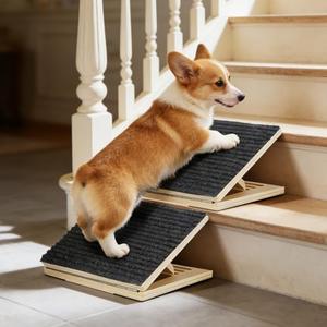 Dog Ramp for Stairs, 2 Pack Wooden Pet Steps for Small Dogs, Foldable Anti-Slip Stair Ramp for Senior, Short-Legged & Injured Pets, Adjustable Low-Angle Dog Stair Wedge
